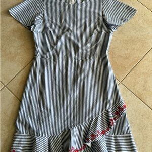 Draper James Blue and White Striped Kids Dress with Red Floral Trim